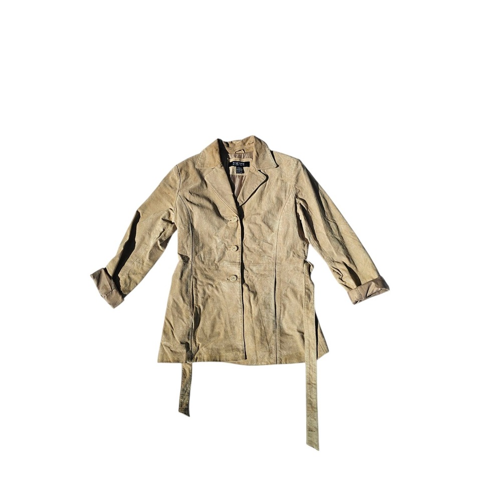 New York & Co Women's Size L Tan Leather Belted Trench Jacket Coat